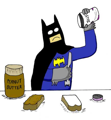Batman has run out of jelly for his peanut butter & jelly sandwich