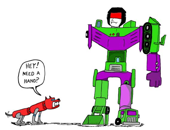 one of the Voltron Lions says "need a hand" to Transformer's Devastator, missing its right arm